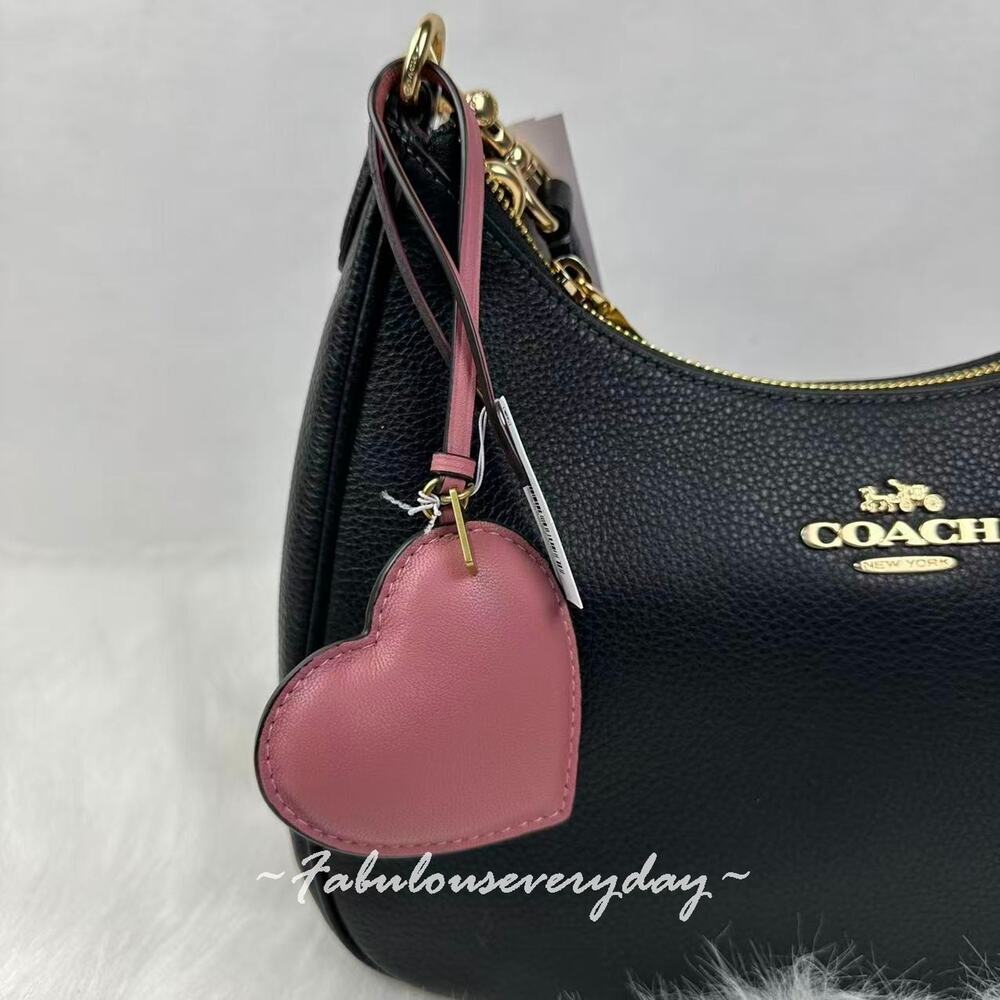 Coach Heart Puffy Bag Charm In Leather/Brass/Peony Keychain CCX45 NWT